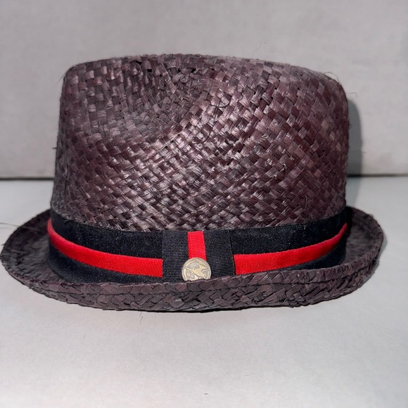 Vintage Accessories - Woven Fedora Hat Black Red Straw Sun Hat Basket Pana…